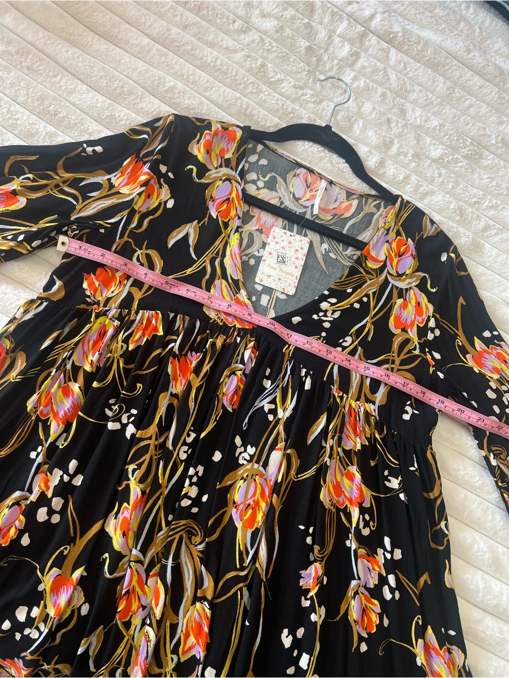 Free People Black Floral V-Neck Tunic with Pink and Orange Blooms - Picture 3 of 6